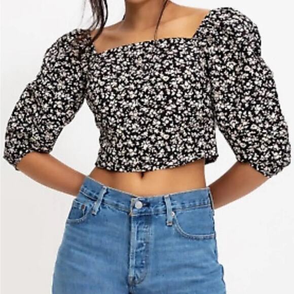 Levi's Black + White Floral Print Statement Shirred Back Blouse - Large - Picture 1 of 8